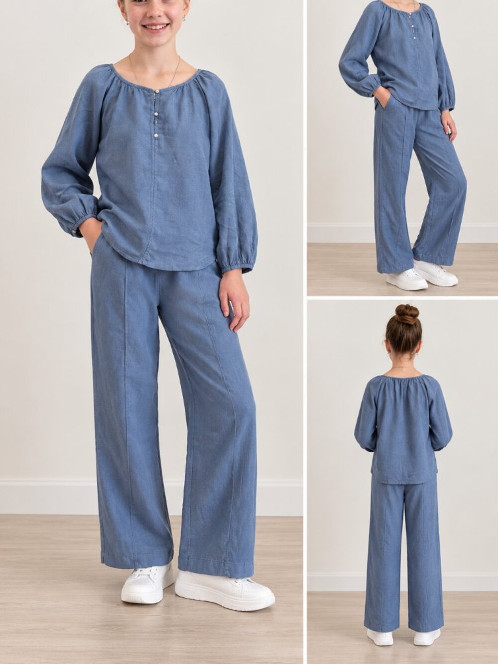 Zara Girls 100% Linen Blue Two-Piece Set – Top 9–10Y / Pants 13–14Y